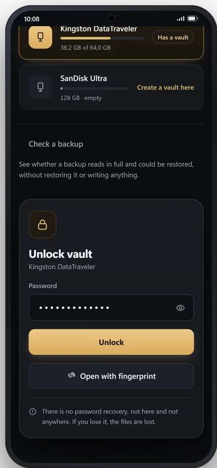 Unlocking the vault on the phone, with the password or a fingerprint, and the reminder that there is no password recovery.
