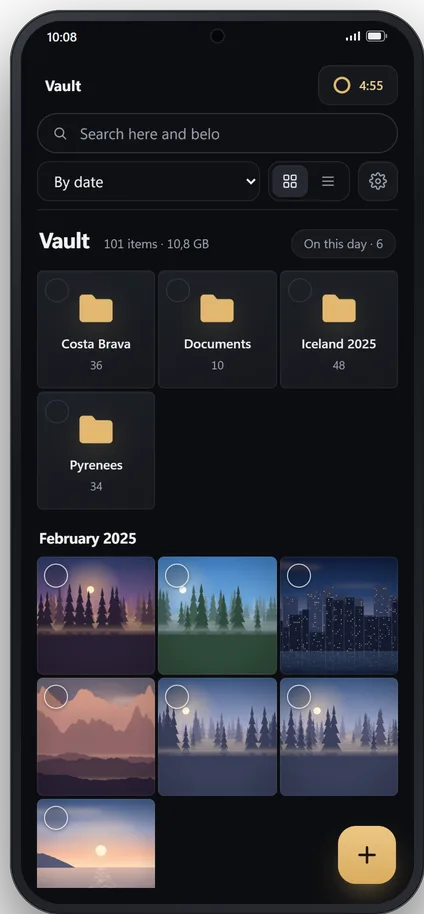 The vault open on the phone: folders for trips and documents, and photos sorted by date.