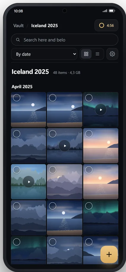 A trip folder open on the phone: photos and videos grouped by month, and the button to add more.