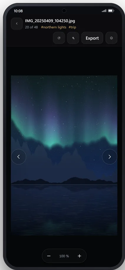 A photo of an aurora open full screen on the phone, with its tags and the export button.