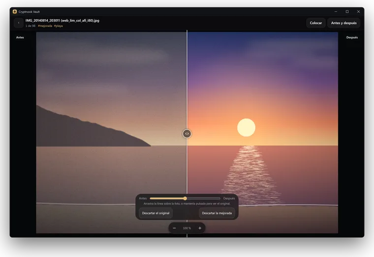 Antes y después en Windows: una foto antigua de una puesta de sol a la izquierda y su copia mejorada a la derecha, con la línea para comparar.